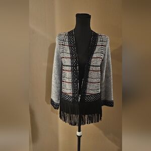 Christopher & Banks Black and Gray Fringed Cardigan